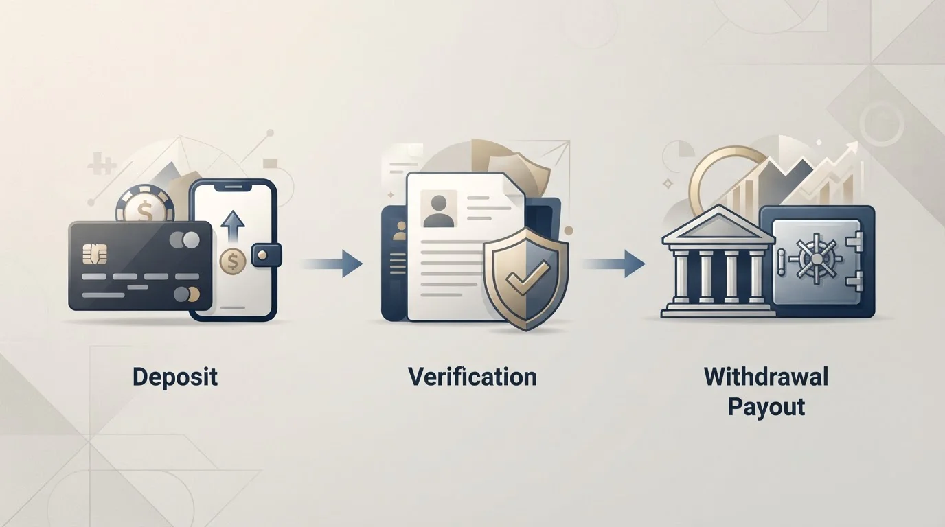 Ilustración conceptual del flujo entre depósito, verificación y retirada en un casino en línea
