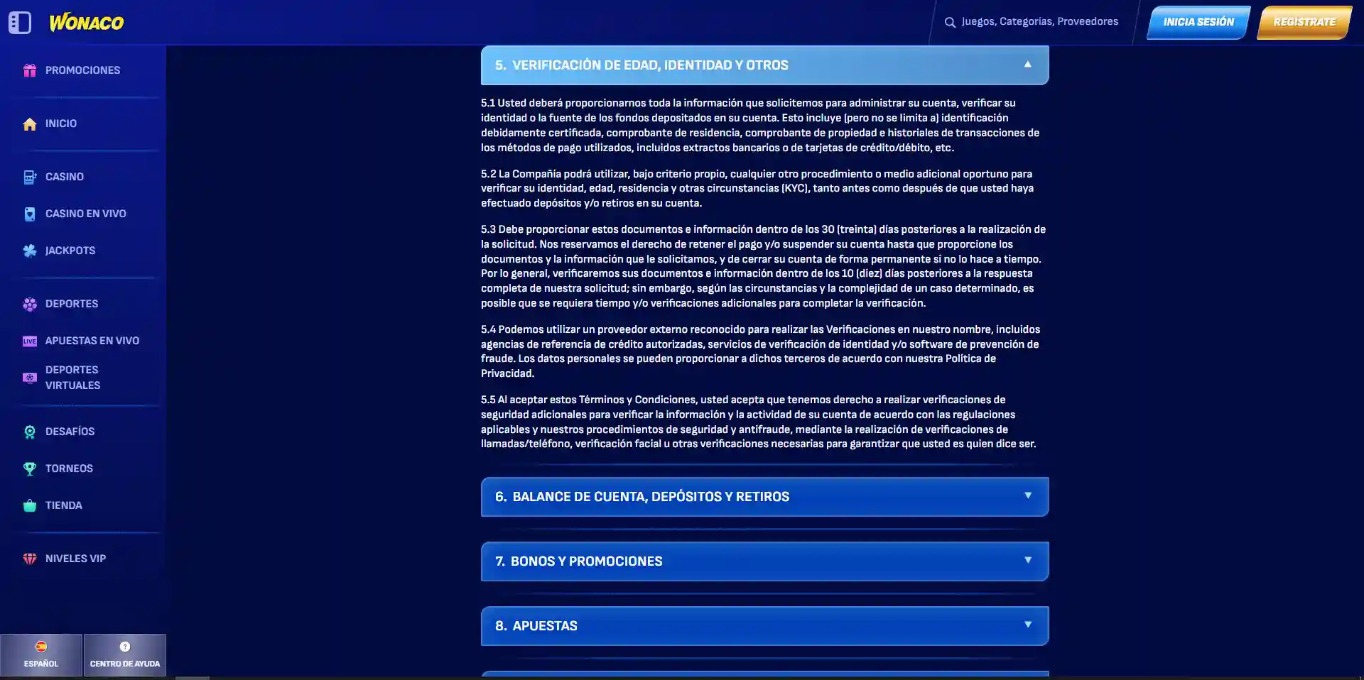 Términos de Wonaco sobre límites y procesamiento de retiradas