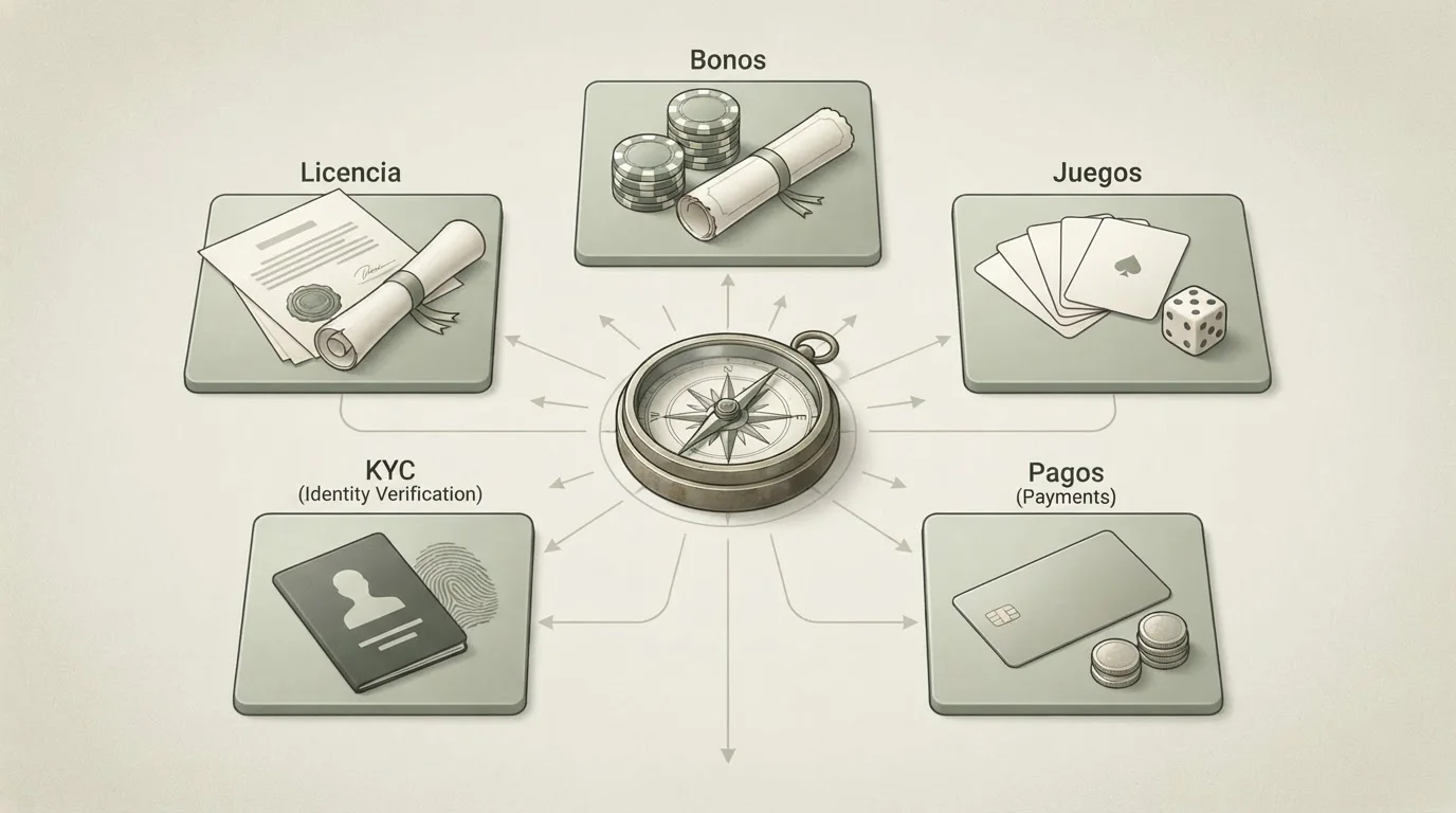 Mapa conceptual de bonos, juegos, pagos, KYC y licencia en una reseña de casino